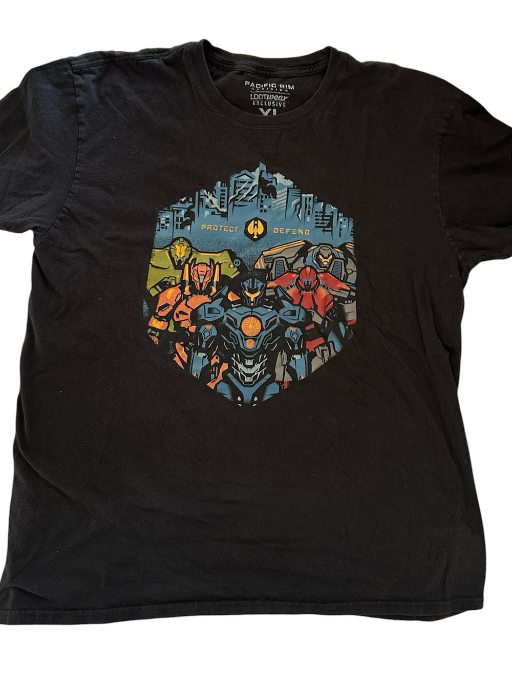 Loot Wear x Loot Crate graphic tee Jaegers with bold “Protect Defend” cityscape